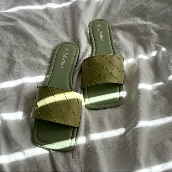 Woven Strap Flat Square Toe Slide Sandals in Sage - Picture 7 of 11